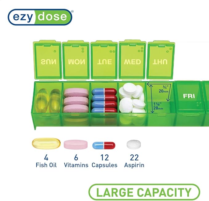 EZY DOSE Weekly (7-Day) Pill Case, Medicine Planner, Vitamin Organizer Box, Convenient and Easy to Use, Large Compartments, Travel Friendly, Green, Made in the USA, BPA Free