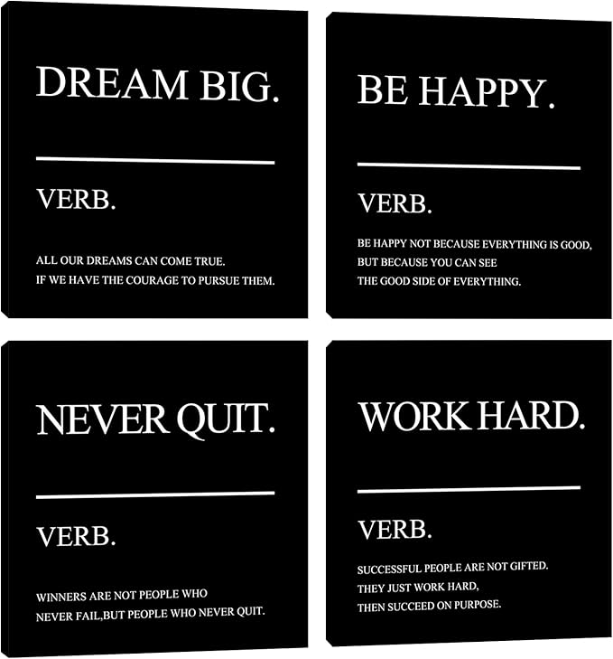 Motivational Canvas Framed Wall Art - Inspirational Office Decor Quotes Poster Picture Artwork Painting Prints for Bedroom Living Room Home Decorations 20"x20"x4pcs