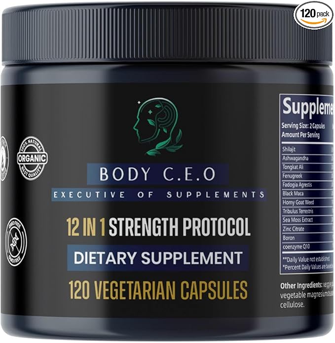 Body C.E.O Men's Dietary Supplement - 12-in-1 Male Alpha Booster with Shilajit, Ashwagandha,Tongkat Ali & More- Natural Support Energy & Vitality - 120 Cap(2 Months)