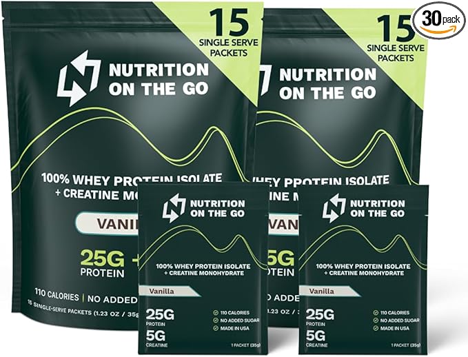 Travel Whey Protein Isolate Packets – Single-Serve Protein Powder – 25g Protein + 5g Creatine – Vanilla (30-Pack)