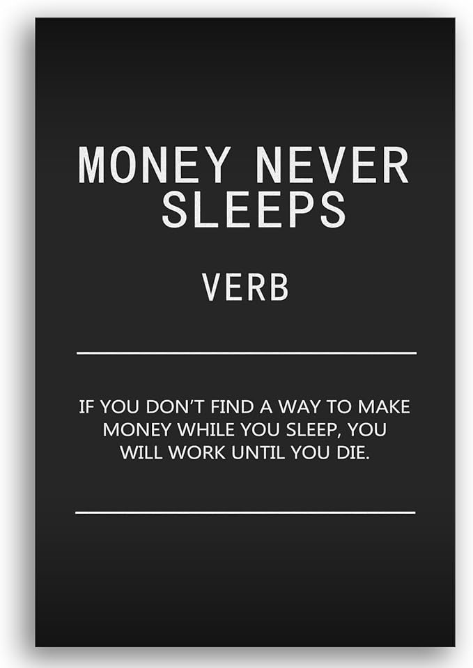 WYJDFART Inspirational Wall Art Canvas Painting Wall Art Money Never Sleeps Verb Black Poster Positive Motivational Artwork Prints Picture Living Room Office Decor Framed Ready to Hang[12" W X 18" H]