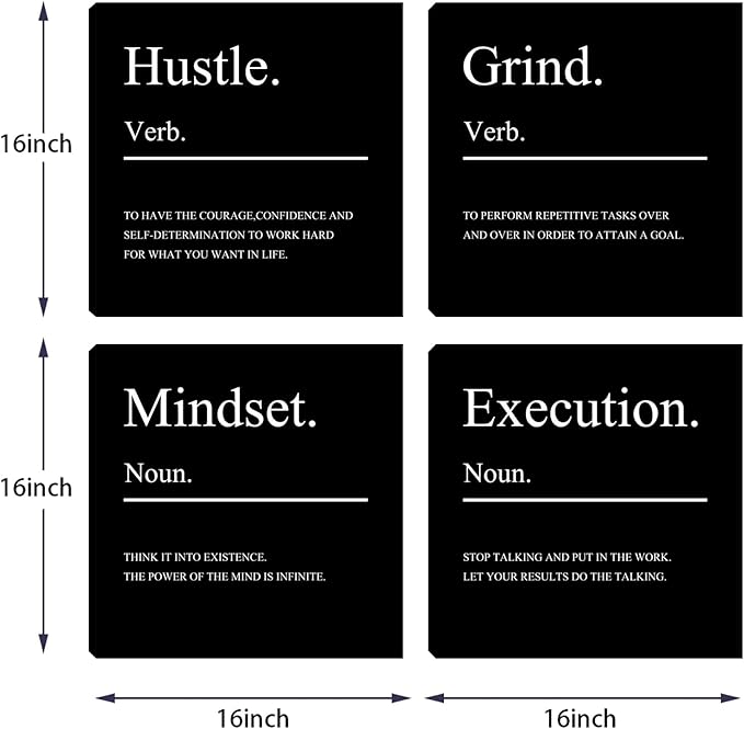 Motivational Office Wall Art Mindset Canvas Wall Art Hustle Posters Wall Decor 4 Pieces Inspirational Quotes Wall Paintings Picture Art Wall Decor for Bedroom Living Room Artwork 16"x16"x4pcs