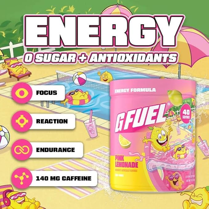 G Fuel Pink Lemonade Energy Drink Powder, Pre Workout Caffeine Mix for Gaming, Sugar Free Focus Amino, Vitamin + Antioxidants, 9.8oz (Pink Lemonade, 40 Servings)