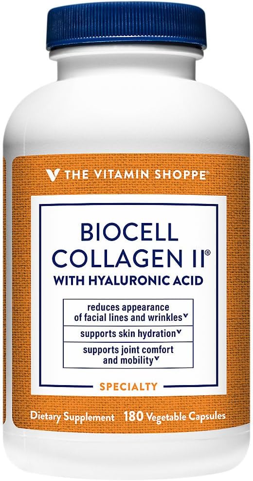 The Vitamin Shoppe Biocell Collagen II with Hyaluronic Acid 1000mg - Promotes Healthy Skin, Joints & Cartilage - Supports Hydration & Elasticity - for Daily Wellness (60 Vegetable Capsules)