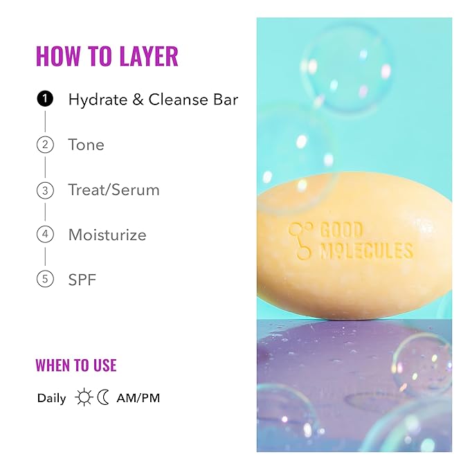 Good Molecules Hydrate and Cleanse Bar - Soap Free Bar with Shea Butter and Macadamia Seed Oil for Ultra Hydrating Body and Face Moisturizer - Skin Care