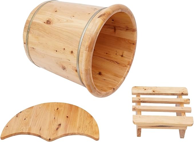 Wooden Foot Bath Bucket Foot Soaking Bath Basin with Lid Wood Footbath Barrel with Wooden Stool Pedicure Barrel for Spa, Massage, Sauna 15.75 * 15.75in (Wood Color)