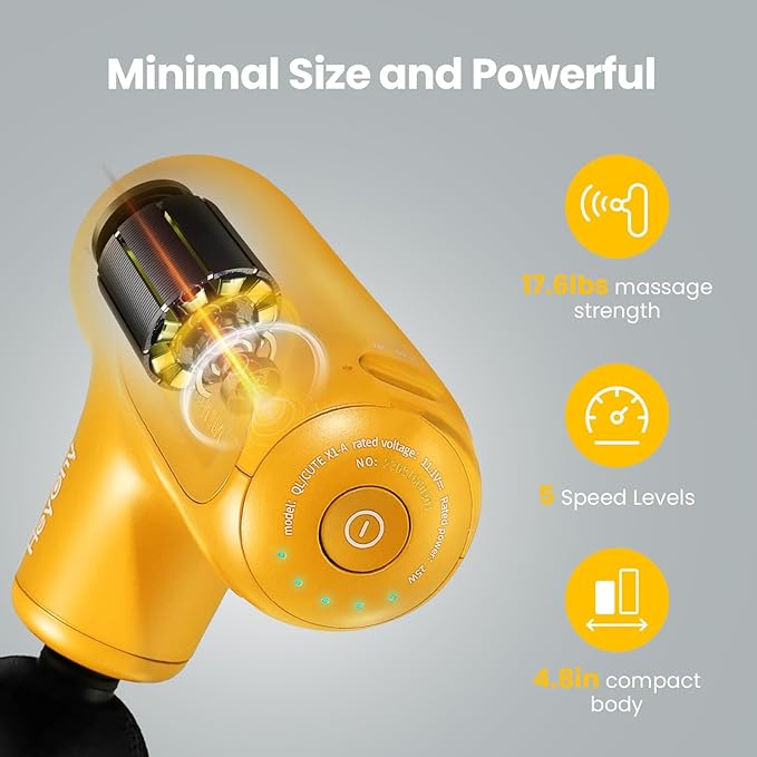 Super Mini Massage Gun Deep Tissue with 5 Speeds, Small Travel Size Percussion Muscle Massager for Pain Relief with 4 Attachments, Handheld Portable Massager Gun for Man & Women, Yellow