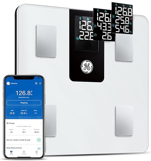 GE Smart Body Fat Scale: with BMI for Body Weight and Fat Percentage Composition Digital Bathroom Weight Scale Bluetooth with Large LCD Display Accurate Weighing 396lbs White
