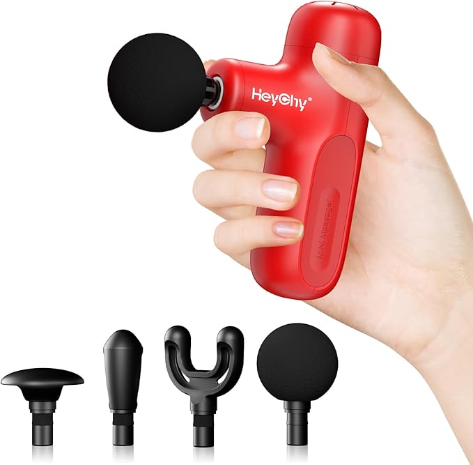 Super Mini Massage Gun Deep Tissue with 5 Speeds, Small Travel Size Percussion Muscle Massager for Pain Relief with 4 Attachments, Handheld Portable Massager Gun for Man & Women, Red