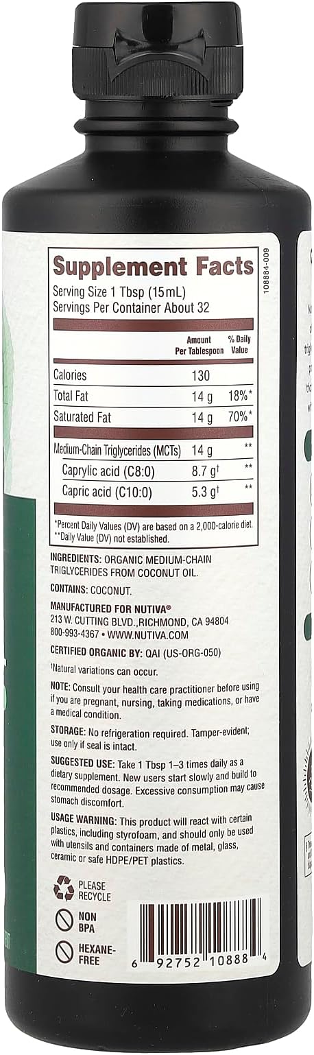 Nutiva Organic MCT Oil, Kosher, Keto Friendly, USDA Certified Organic, Non-GMO, 16 Fluid Ounce (Pack of 1)