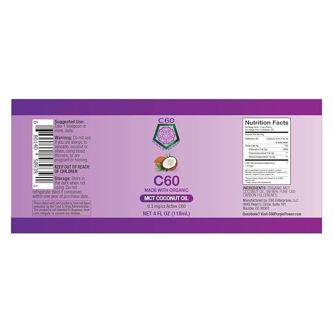 C60 Power C60 in Organic MCT Coconut Oil - Natural Wellness Support for Men & Women, 99.99% Pure Carbon Fullerenes, Promotes Energy, Mental Clarity, & Stamina - 4 fl oz Bottle