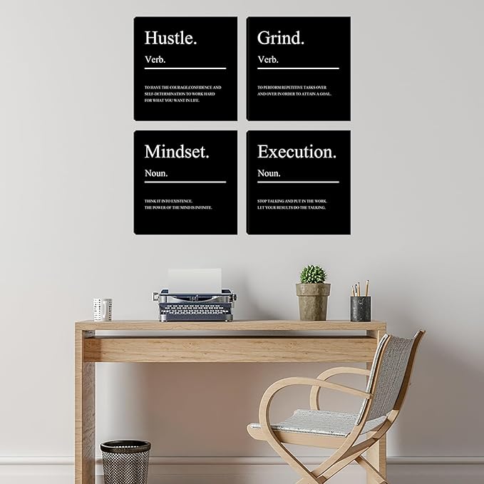 Motivational Office Wall Art Mindset Canvas Wall Art Hustle Posters Wall Decor 4 Pieces Inspirational Quotes Wall Paintings Picture Art Wall Decor for Bedroom Living Room Artwork 16"x16"x4pcs