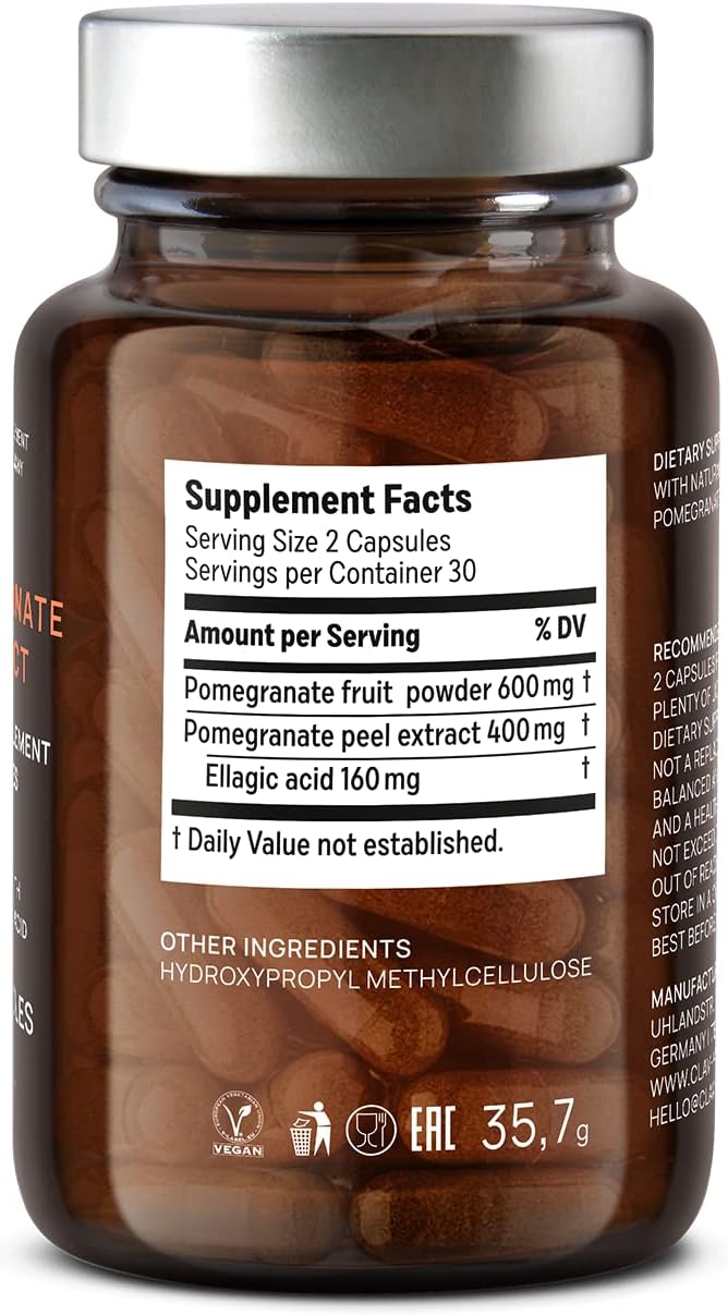 CLAV Pomegranate Extract - 1000mg Daily Dose - 40% Ellagic Acid - Vegan Pomegranate Supplement - Heart & Joint Support - 60 Capsules - Made in Germany