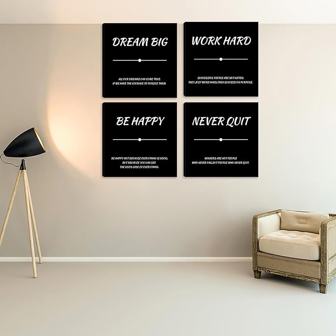 Motivational Wall Decor Office Wall Decor Inspirational Wall Art Decor Canvas Wall Paintings 4 Pieces Framed Quotes Posters Picture Artwork Living Room Bedroom Home Decoration 12"x12"x4pcs