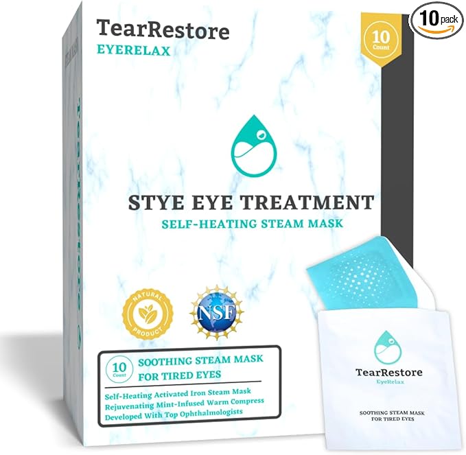 TearRestore Stye Eye Treatment | EyeRelax Heated Eye Mask, Mint-Infused Steam Warm Compress for Dry Eyes, Self-Heating Moist Heat Eye Compress, Blepharitis Treatment, Eye Mask for Dry Eyes (10 Count)