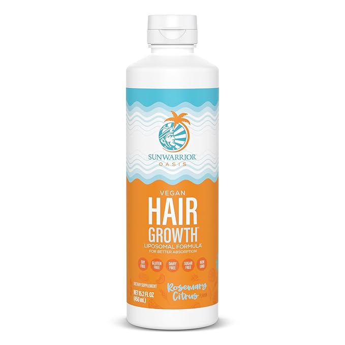 Hair Growth Liquid Rosemary Oil with Biotin & Omega 3 Curcumin, Hyaluronic Acid Tocopherol, Reduce Shedding Promote Hair Growth Improve Hair Density Scalp Hydration Citrus Flavor 15.2 fl oz Sunwarrior