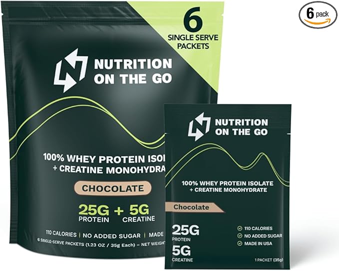 Travel Whey Protein Isolate Packets – Single-Serve Protein Powder – 25g Protein + 5g Creatine – Chocolate (6-Pack)