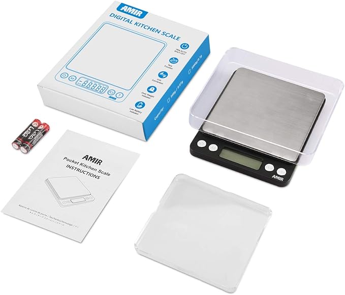 AMIR Digital Kitchen Scale, 500g/0.01g Mini Pocket Jewelry Scale, Cooking Food Scale with Backlit LCD Display, 2 Trays, 6 Units, Auto Off, Tare, PCS Function, Stainless Steel, Battery Included, Black