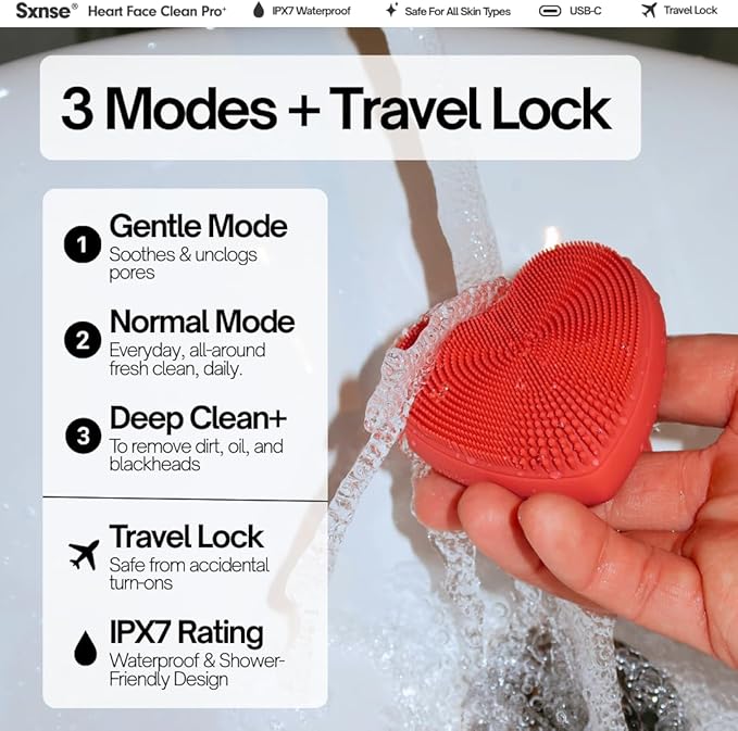 Heart Face Clean Pro⁺ Electric Facial Cleansing Brush - Silicone Facial Scrubber for Acne - IPX7 Waterproof, Rechargeable Exfoliator with Slip-Free Grip & 3 Speed Settings - Phthalate-Free - Forest
