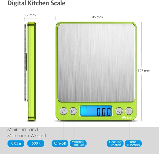 AMIR Digital Kitchen Scale, 500g-0.01g Mini Pocket Jewelry Scale, Cooking Food Scale with Backlit LCD Display, 2 Trays, 6 Units, Auto Off, Tare, Stainless Steel (Battery Included)