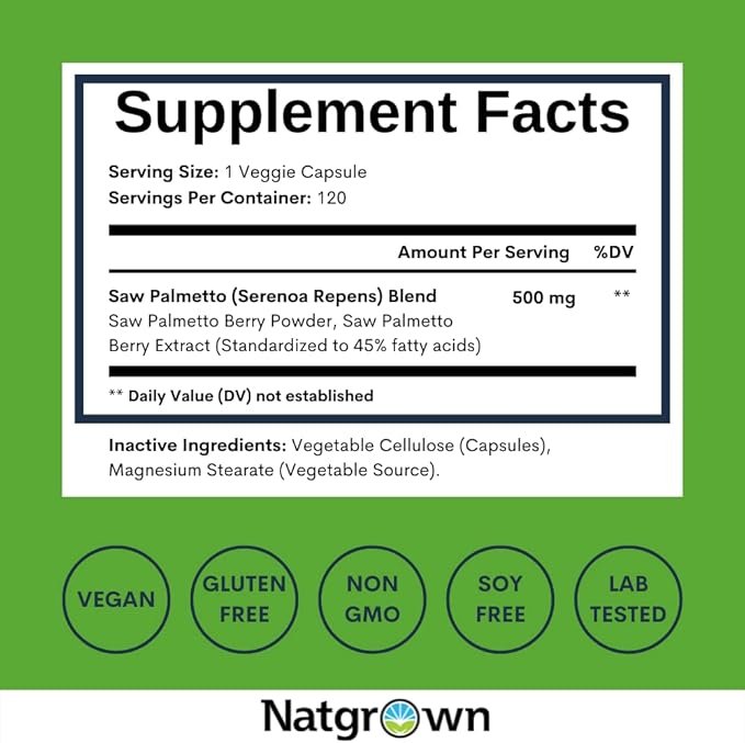 Natgrown Saw Palmetto for Men 500mg – Prostate Health Supplement with DHT Blocker for Hair Loss & Urinary Flow – 120 Vegan Capsules – Non-GMO, Gluten-Free