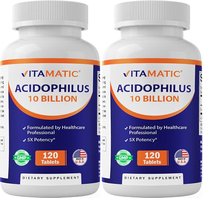Vitamatic 2 Packs Acidophilus Probiotic - 10 Billion CFU - 120 Tablets - 5X Potency - Daily Probiotic Supplement, Supports Digestive Health (Total 240 Tablets)