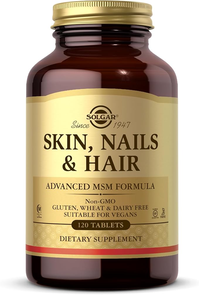 Solgar Skin, Nails & Hair, Advanced MSM Formula, 120 Tablets - Supports Collagen for Hair, Nail and Skin Health - Provides Zinc, Vitamin C & Copper - Non GMO, Vegan, Gluten & Dairy Free - 60 Servings ,Standard Packaging , 120 Count