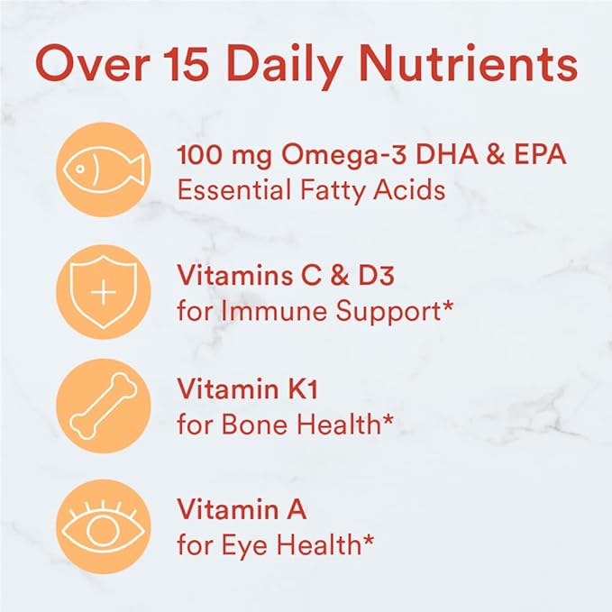 SmartyPants Kids Multivitamin Gummies: Omega 3 Fish Oil (EPA/DHA), Vitamin D3, C, Vitamin B12, B6, A, K & Zinc for Immune Support, Biotin, Gluten Free, Three Fruit Flavors, 90 Count (22 Day Supply)