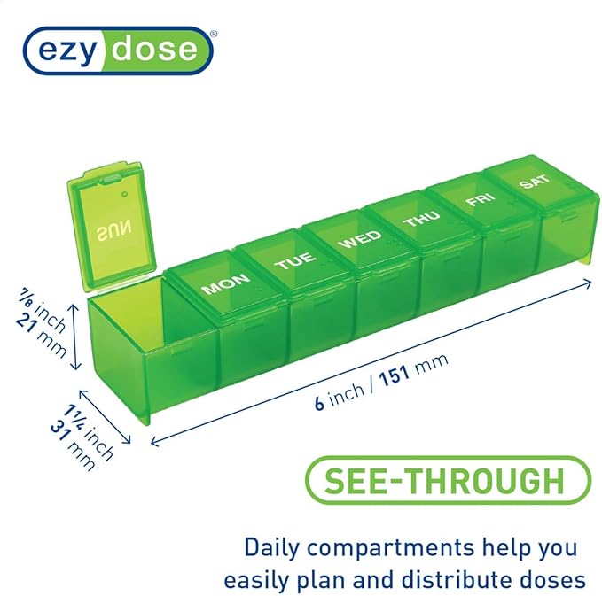 EZY DOSE Weekly (7-Day) Pill Case, Medicine Planner, Vitamin Organizer Box, Convenient and Easy to Use, Large Compartments, Travel Friendly, Green, Made in the USA, BPA Free