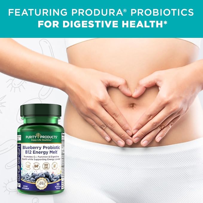 Purity Products Blueberry Probiotic B12 Energy Melt Clinical Probiotic - Organic Blueberries, Methylcobalamin B-12-30 Melts