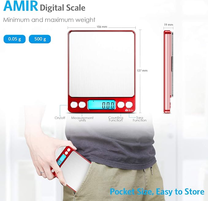 AMIR Upgraded Digital Kitchen Scale, 500g Mini Pocket Jewelry Scale, Cooking Food Scale with Back-Lit LCD Display, 2 Trays, 6 Units, Auto Off, Tare, Stainless Steel (Batteries Included)
