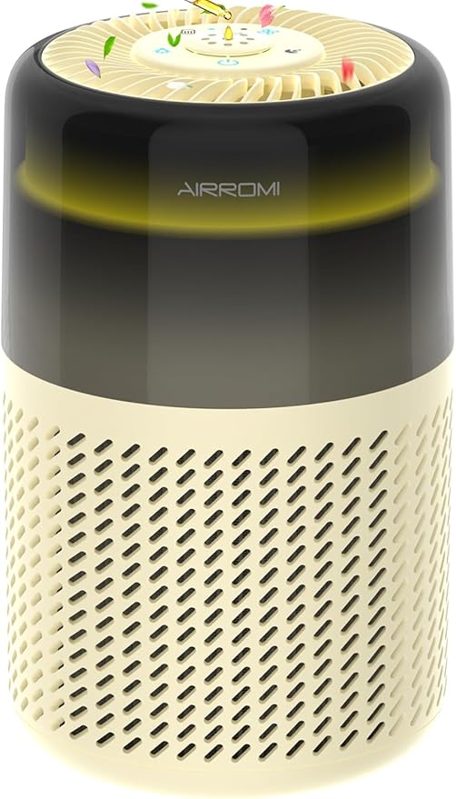 AIRROMI Air Purifier for Bedroom Home,HEPA Filter,Covers Upto 549 Ft²,Quiet 360°intake Air Cleaner with Fragrance ponge for Better Sleep,Night Light,Filters Smoke,Pet Dander,Allergies,Dust,A2005Yellow