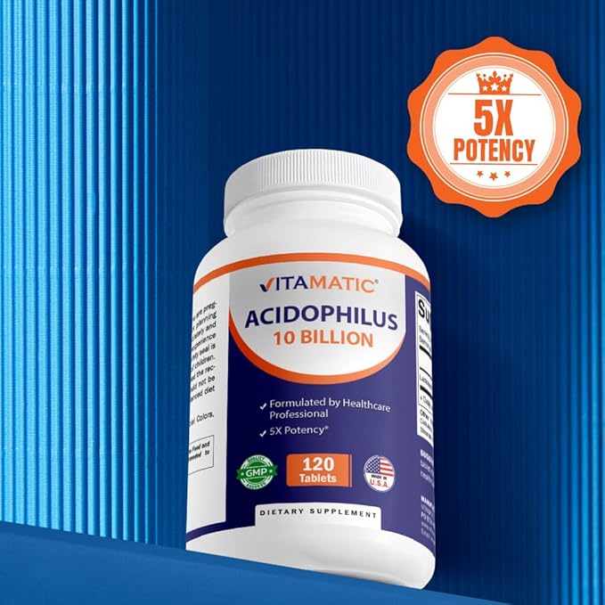 Vitamatic 2 Packs Acidophilus Probiotic - 10 Billion CFU - 120 Tablets - 5X Potency - Daily Probiotic Supplement, Supports Digestive Health (Total 240 Tablets)