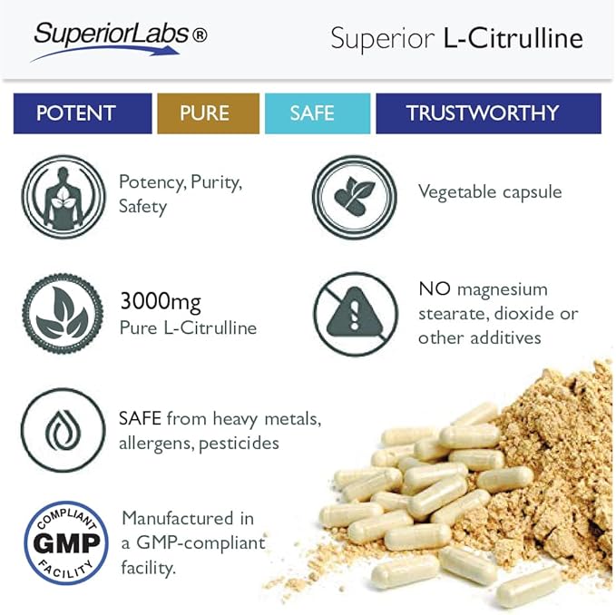 Superior Labs L-Citrulline 3000 mg, Non-GMO, High-Potency Free-Form Amino Acid, Nitric Oxide & Vasodilation Booster, Pre-Workout Muscle Pump, Endurance, Cardiovascular Support, 150 Veg Caps