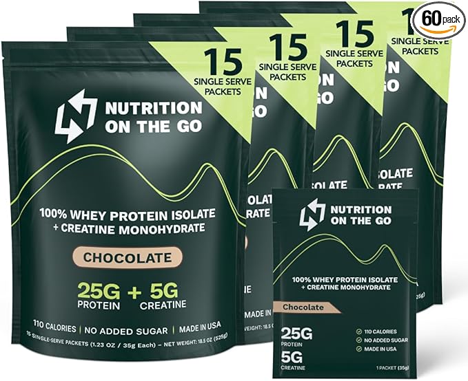 Travel Whey Protein Isolate Packets – Single-Serve Protein Powder – 25g Protein + 5g Creatine – Chocolate (60-Pack)