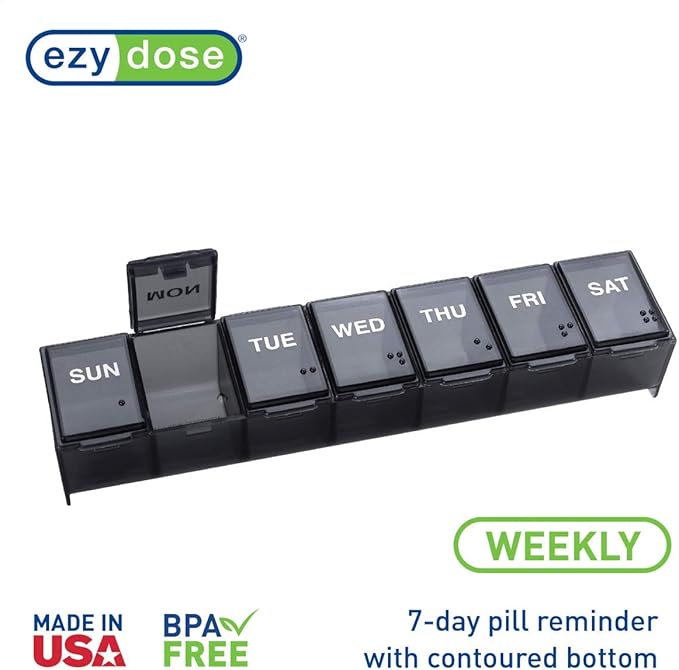 EZY DOSE Weekly (7-Day) Daily Pill Organizer, Vitamin Planner, and Medicine Container, Large Compartments, Easy to Open, Travel Friendly, Includes One Black and One White (2 Pack), Made in The USA
