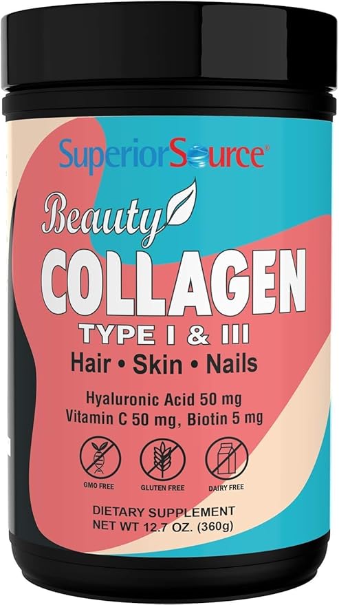 Superior Source Beauty Collagen - Collagen Powder from Grass-Fed Cows - Supports Healthy Hair, Nails & Skin - Features Biotin, Vitamin C & Hyaluronic Acid - 12.7 oz