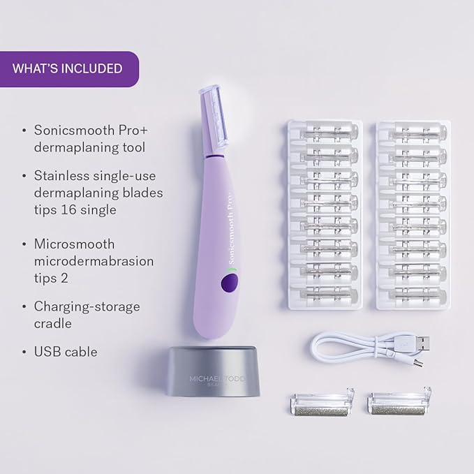 Michael Todd Beauty Sonicsmooth Pro+ Dermaplane Razor for Women Face + Eyebrow Trimmer Dermaplaning System w/LED Light Peach Fuzz Remover -16 Dermaplaning Blades & 2 Microsmooth Exfoliation Tips