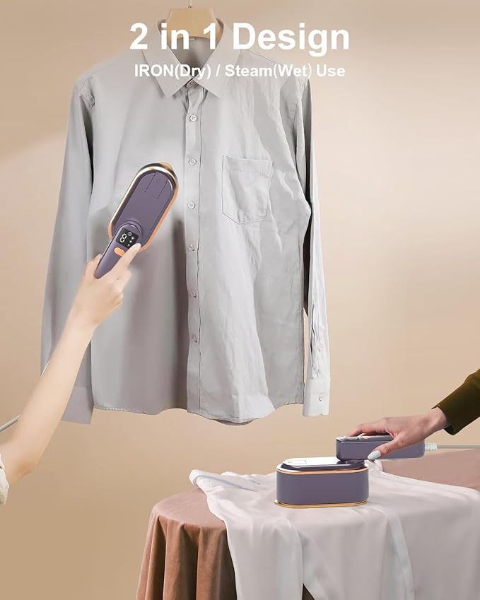 Travel Steamer Iron for Clothes - 1200W Handheld Size Portable Travel Steamer, 3 Steam Levels Clothes Steamer with LCD Screen, 10S Fast Heat-up Steamer for Dress Shirt Home Travel (Gray Purple)