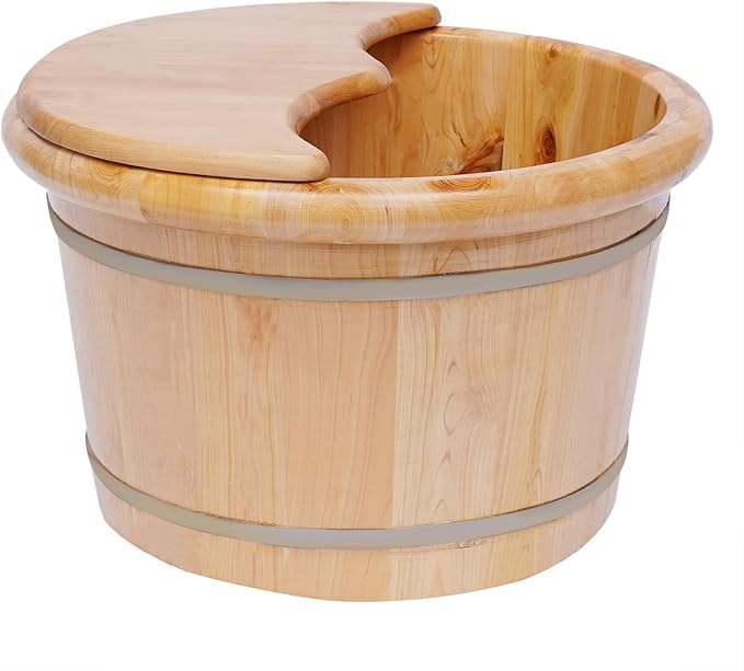 Wooden Foot Bath Bucket Foot Soaking Bath Basin with Lid Wood Footbath Barrel with Massage Roller Pedicure Barrel for Spa, Massage, Sauna 12.2 * 9.84in (Log Color)