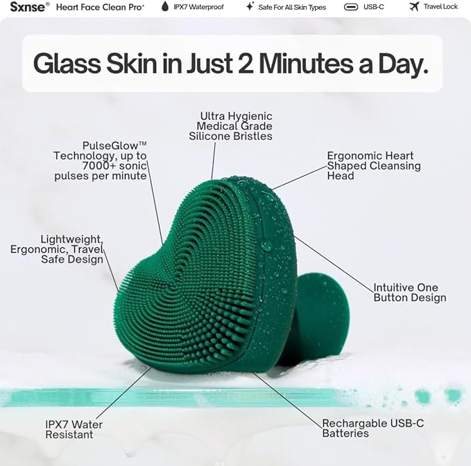 Heart Face Clean Pro⁺ Electric Facial Cleansing Brush - Silicone Facial Scrubber for Acne - IPX7 Waterproof, Rechargeable Exfoliator with Slip-Free Grip & 3 Speed Settings - Phthalate-Free - Rose