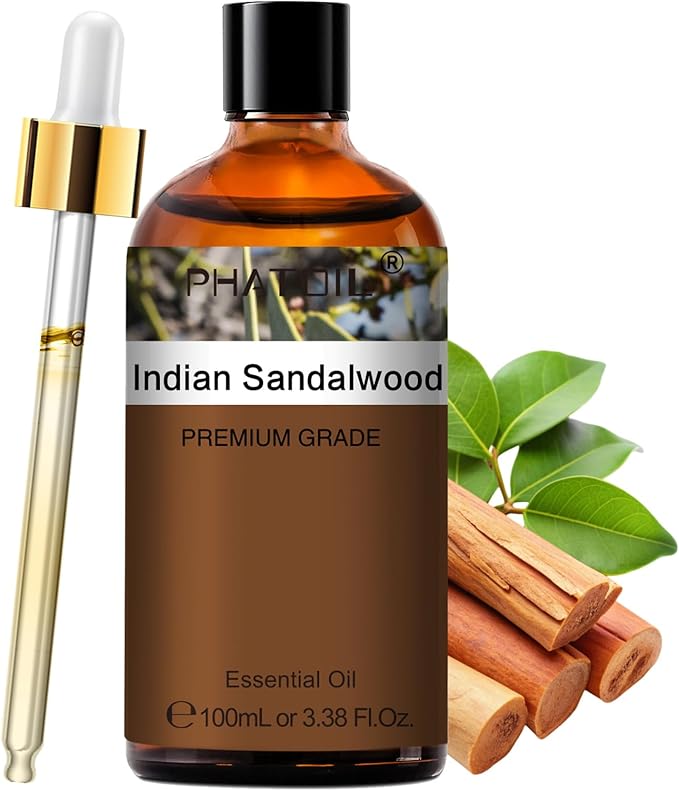 Indian Sandalwood Essential Oil, Pure Premium Natural Oil for Hair Care, Body Skin Care, Aromatherapy, DIY Candle, Soap Making 3.38Fl Oz