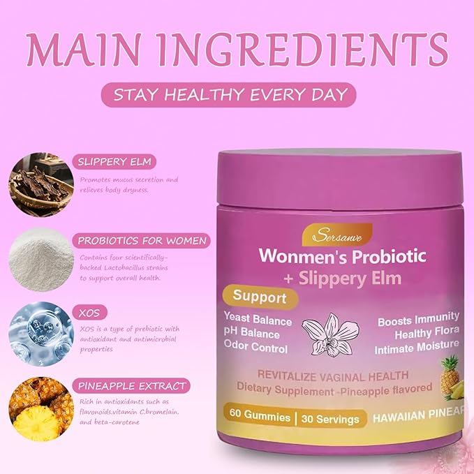 Juicy Feminine Probiotic Gummies for Women, Pineapple Flavor, pH Balance and Gut Health Support, with Slippery Elm, Vegan
