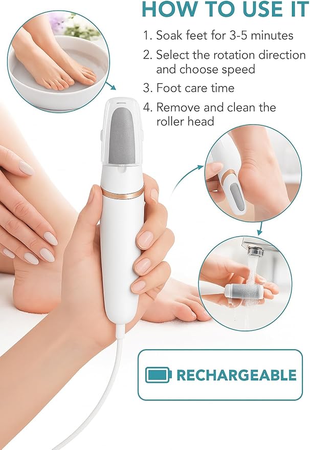 Electric Callus Remover for Feet, Professional Pedicure Tool and Foot File with 2 Roller Heads for Hard Skin, Removes Dry Dead Skin for Smoother Feet, Electric Foot Callus Remover for Foot Care
