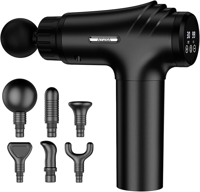 AYURA Massage Gun, Deep Tissue Percussion Massager Gun, Handheld Back Massager, Electric Massager with 30 Speeds and 6 Heads for Athletes Men Women
