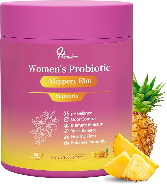 Her Juicy Women's Probiotic Gummies: Supports Women’s Wellness & pH Balance, Clean Vegan, Pineapple Flavor, Prebiotics & Lactobacillus Blend, with Slippery Elm, Gut Health & Immune Defense, 60 Gummies
