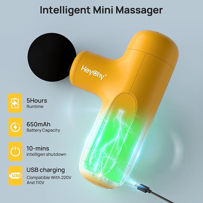 Super Mini Massage Gun Deep Tissue with 5 Speeds, Small Travel Size Percussion Muscle Massager for Pain Relief with 4 Attachments, Handheld Portable Massager Gun for Man & Women, Yellow