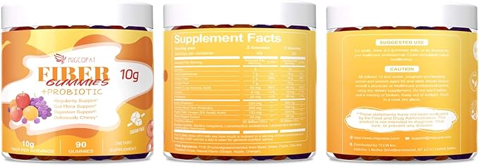 10G Fiber Gummies for Adults - Support Digestive Health - Fiber Supplement with 30 Billion CFU Probiotics Blend, ACV, Vitamin C, Inulin - No Sugar Added - Fruit Flavored - 180 Count