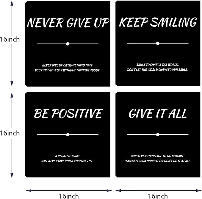 Motivational Poster Wall-Decor Black Inspirational Wall Art Office Wall Decor 4 Piece Positive Framed Canvas Wall Art for Bedroom Living Room Art Prints Decorations 16"x16"x4pcs