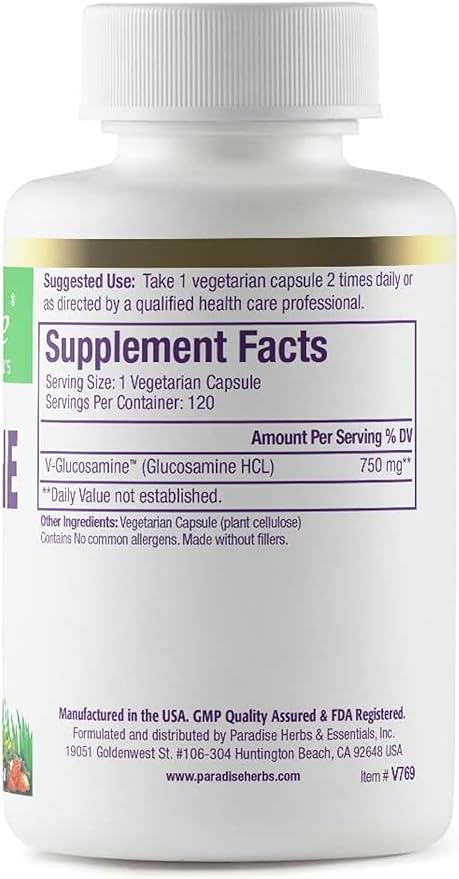 Paradise Herbs V-Glucosamine Supplement, Tissue & Joint Health, Super Potent, Ultra Pure, Vegan, Non GMO, Gluten Free, 120 Vegetarian Capsules